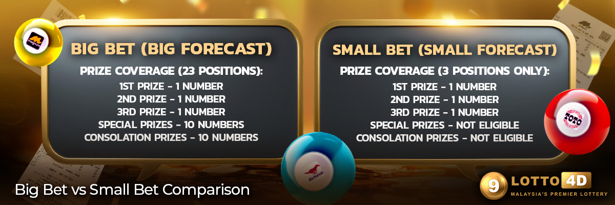 Comparison chart showing differences between Big Bet and Small Bet in 4D lottery including prize coverage, payout rates, and best use cases