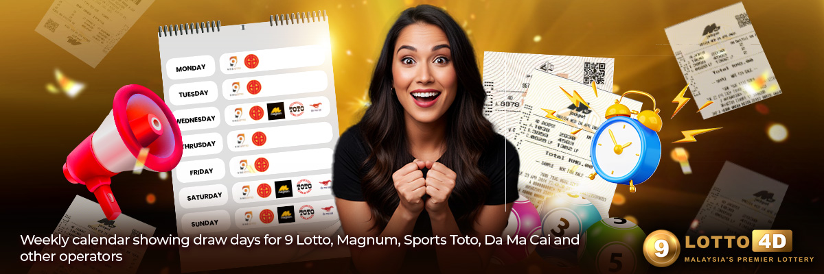 Weekly calendar showing 4D draw schedule for all Malaysian operators including Wednesday, Saturday, Sunday draws and daily draw operators