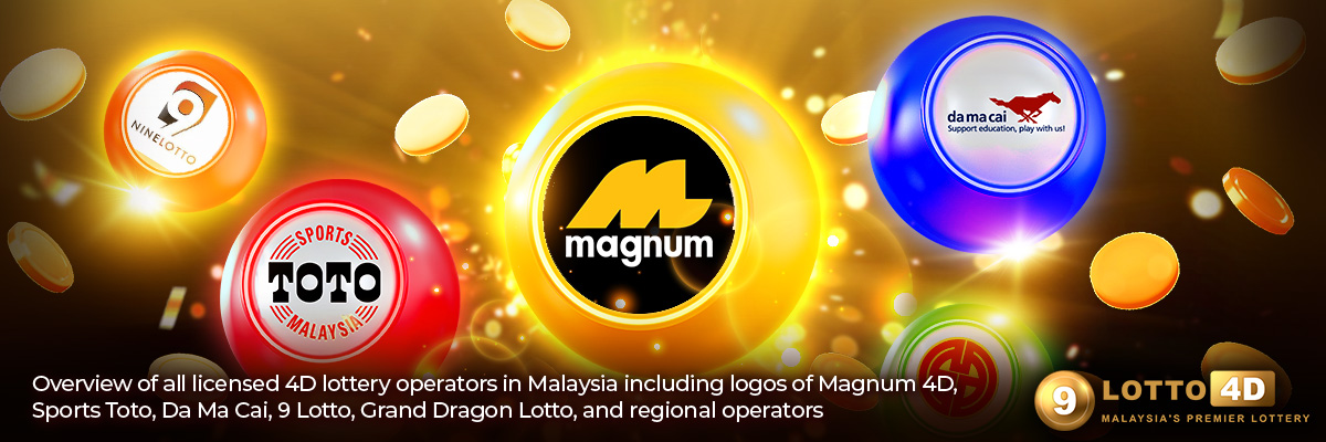 Overview of all licensed 4D lottery operators in Malaysia including logos of Magnum 4D, Sports Toto, Da Ma Cai, 9 Lotto, Grand Dragon Lotto, and regional operators
